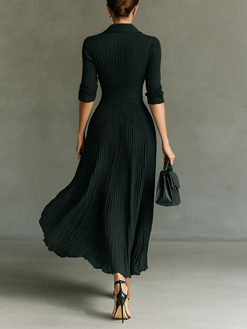 Elvire | Long Pleated Dress with Structured Collar and High Waist