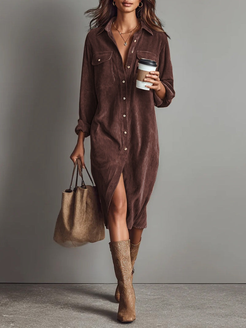 Bonnie | Midi Dress in Soft Corduroy with Pockets and Single Button Closure