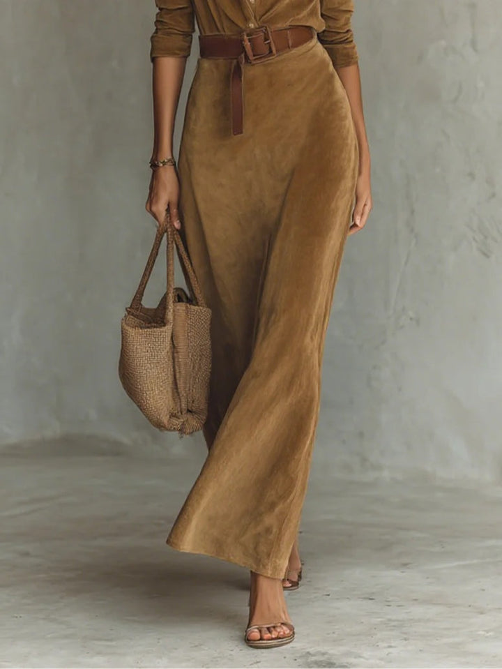Solene | Suede Single-breasted Lapel Maxi Dress