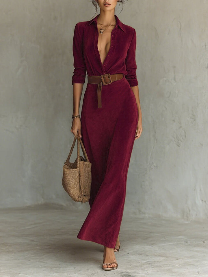Solene | Suede Single-breasted Lapel Maxi Dress