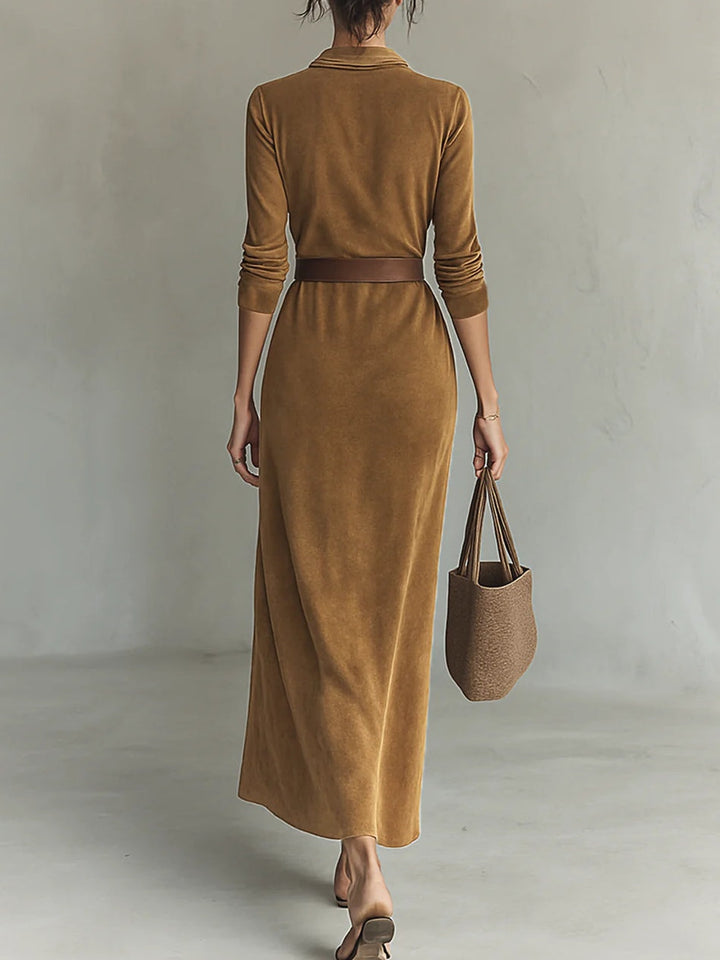 Solene | Suede Single-breasted Lapel Maxi Dress