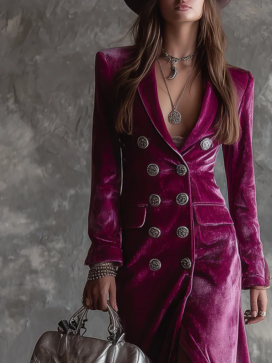 Paula | Purple Button-Down Velvet Long Blazer Maxi Dress