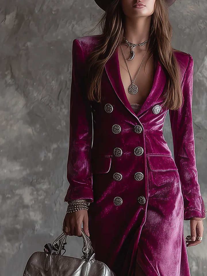 Paula | Purple Button-Down Velvet Long Blazer Maxi Dress