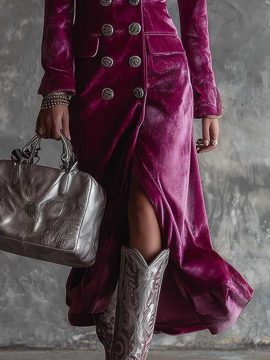 Paula | Purple Button-Down Velvet Long Blazer Maxi Dress
