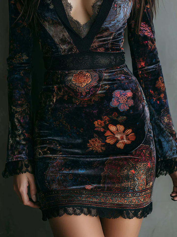 Florina | Floral Print V-Neck Velvet Lace Trim Slim-Fit Mini Dress