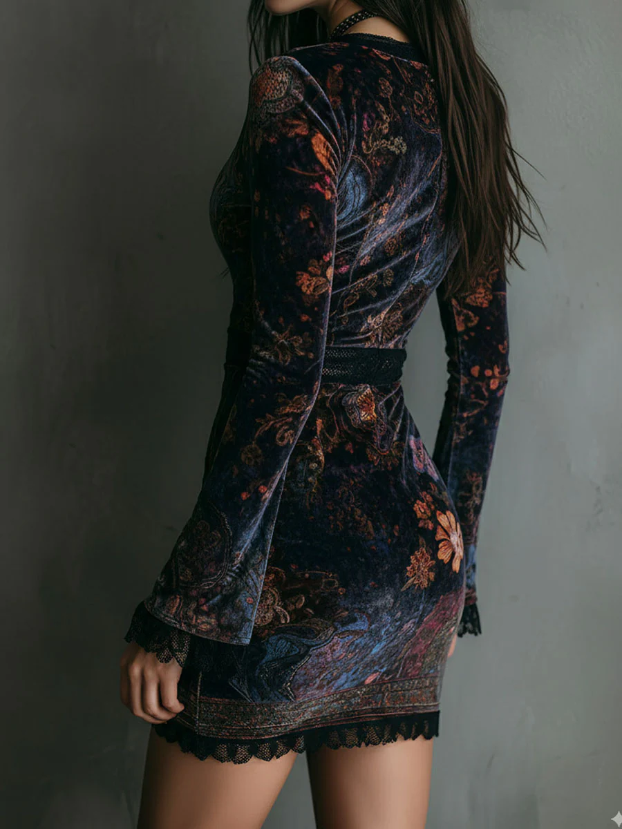 Florina | Floral Print V-Neck Velvet Lace Trim Slim-Fit Mini Dress