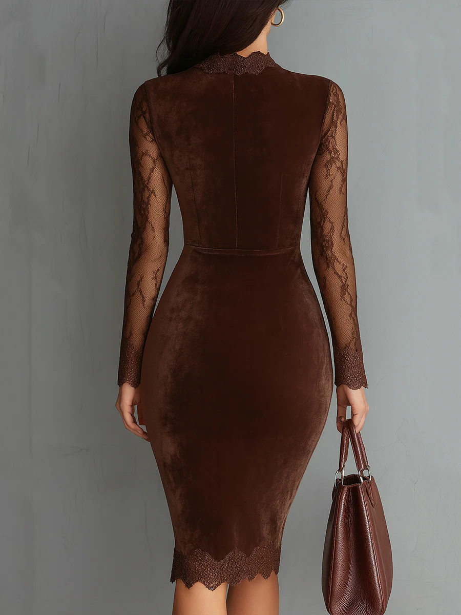 Bea | Brown Vintage Keyhole Neckline Lace Sleeve Velour Mini Dress