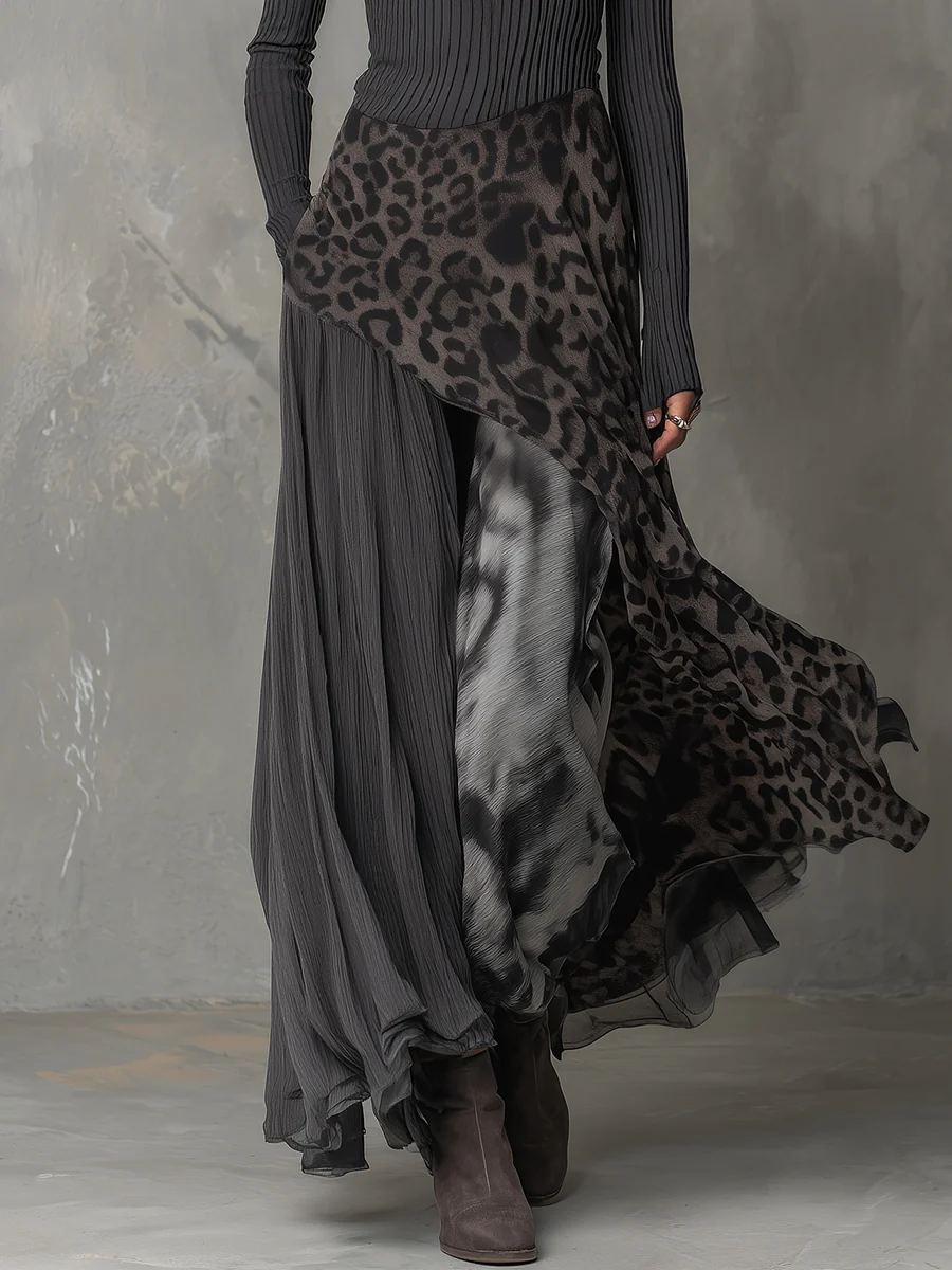 Georgina | Gray Pit Stripe Leopard Print Splicing Asymmetrical Hem Maxi Dress