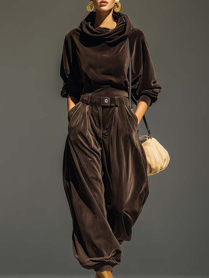 Vienna | Vintage brown velvet hoodie and loose pants set (Includes belt)