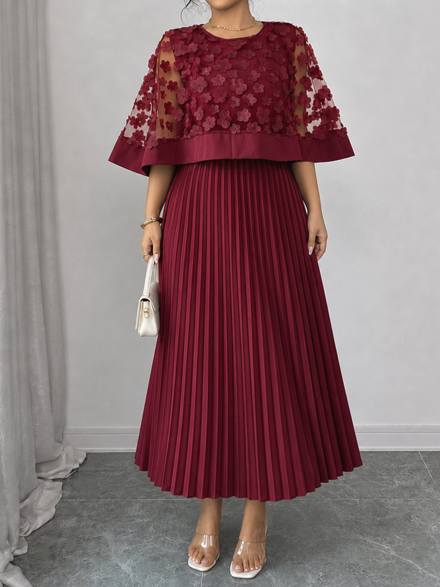 Sheryl | Split-Joint Solid Color Pleated Plus Size Loose Round-neck Maxi Dresses