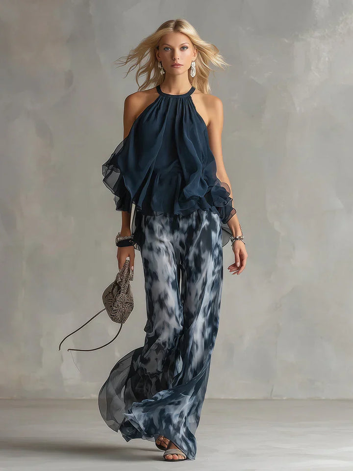 Ludovica | Elegant chiffon set with a high-neck top and wide printed pants