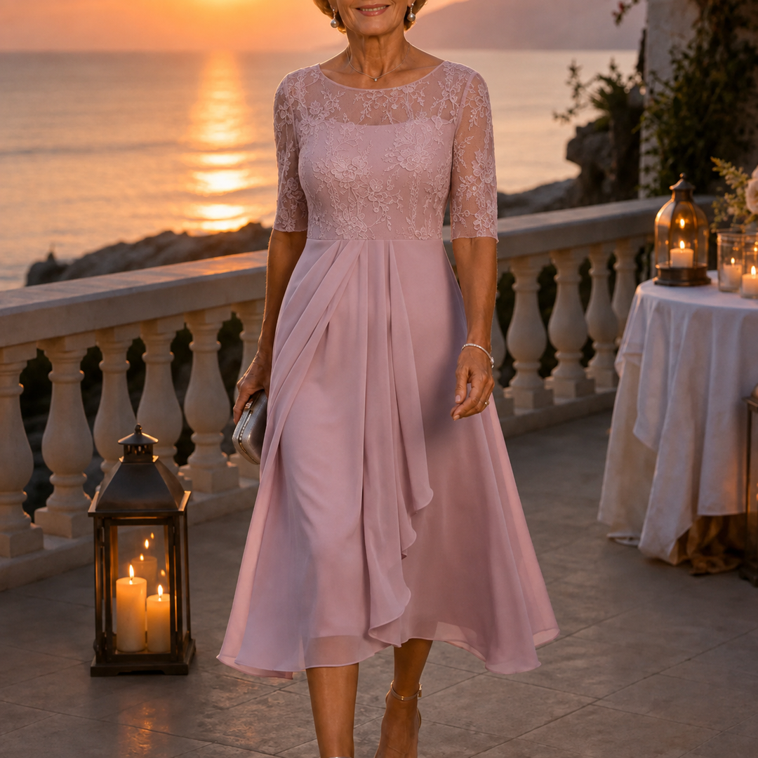 Elowen | Embroidered Lace Bodice Midi Dress for Weddings