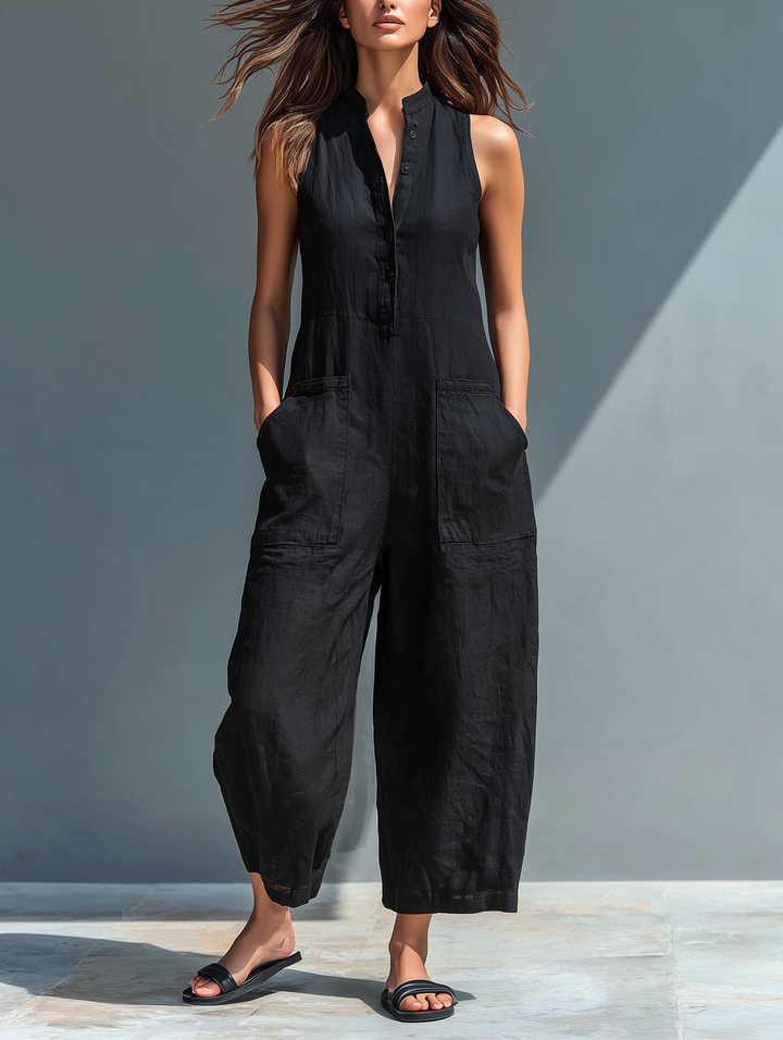 Sienna | Sleeveless jumpsuit with high collar, made of mixed linen and buttons