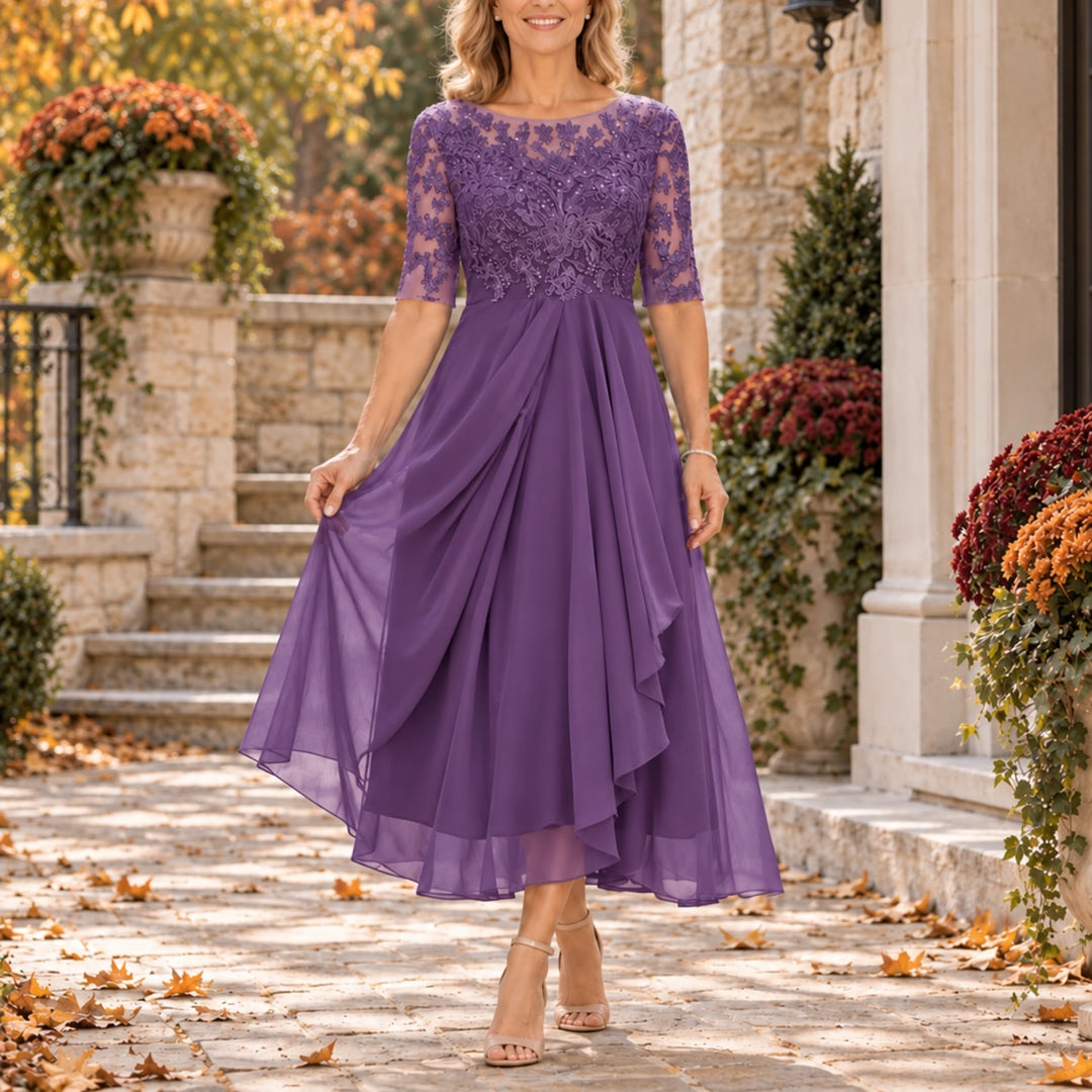 Theresa | Lace Bodice Draped Midi Dress