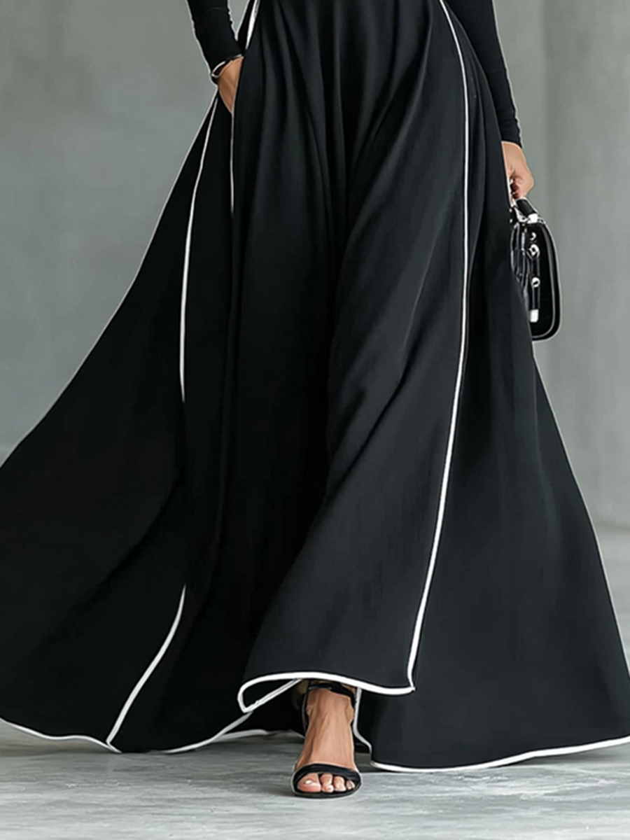 Via | Black Maxi Dress with White Stitching, High Neck, Long Sleeves, and Fitted Cut