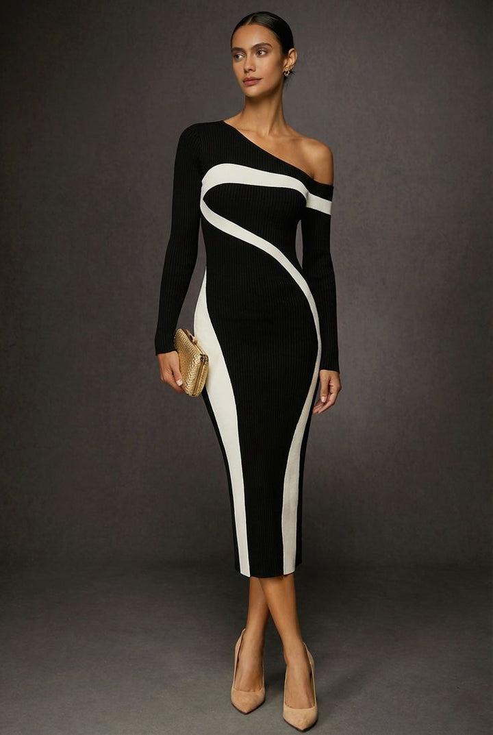 Tracie | Elegant Monochrome Contrast One - Shoulder Bodycon Dress