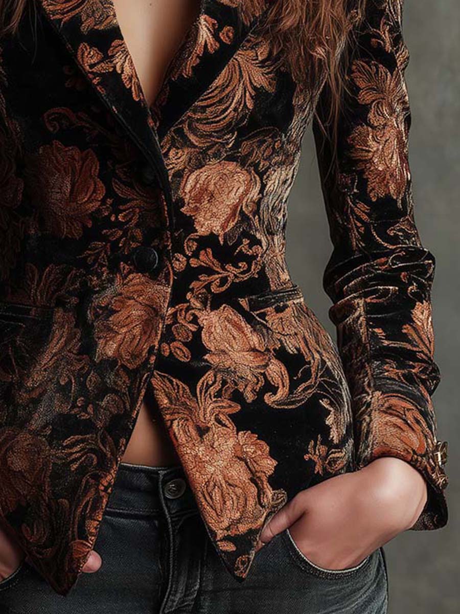 Caroline | Black And Bronze Floral Print Tailored Blazer