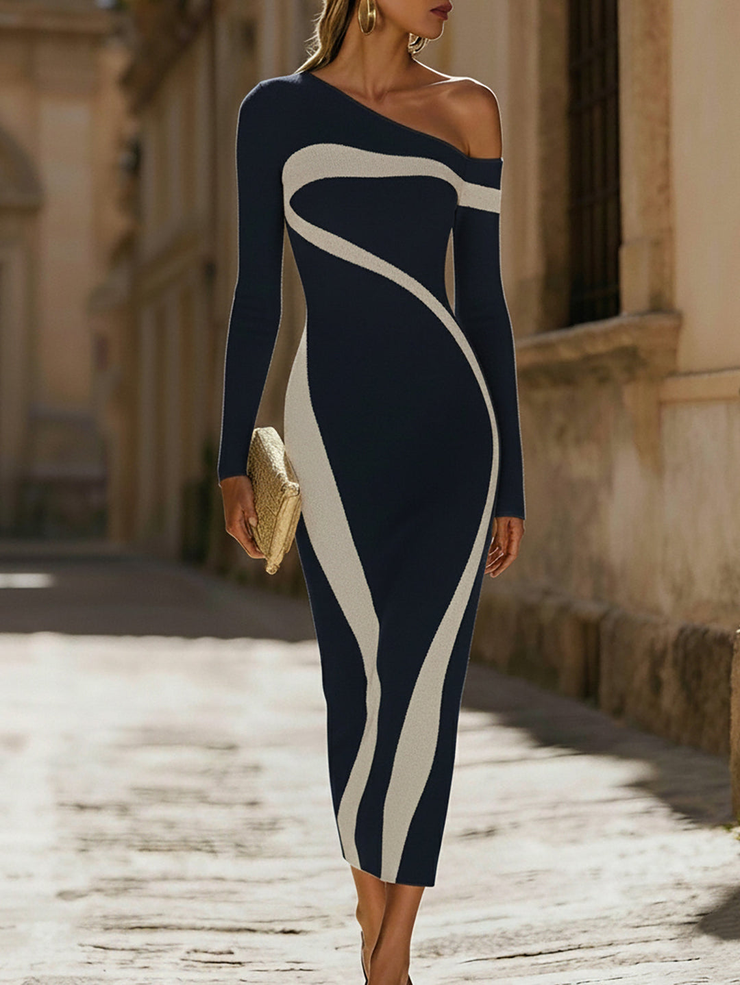 Tracie | Elegant Monochrome Contrast One - Shoulder Bodycon Dress