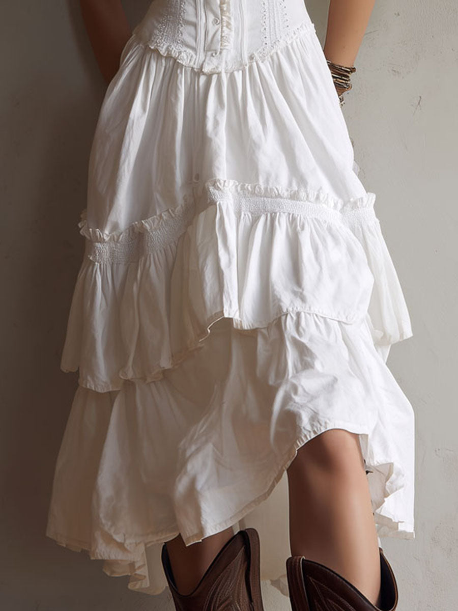 Rian | Retro Boho Corset Tiered Midi Dress With Lace-Trim