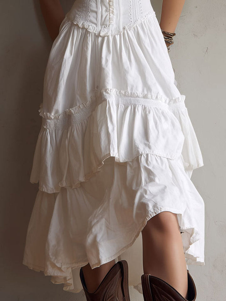 Rian | Retro Boho Corset Tiered Midi Dress With Lace-Trim