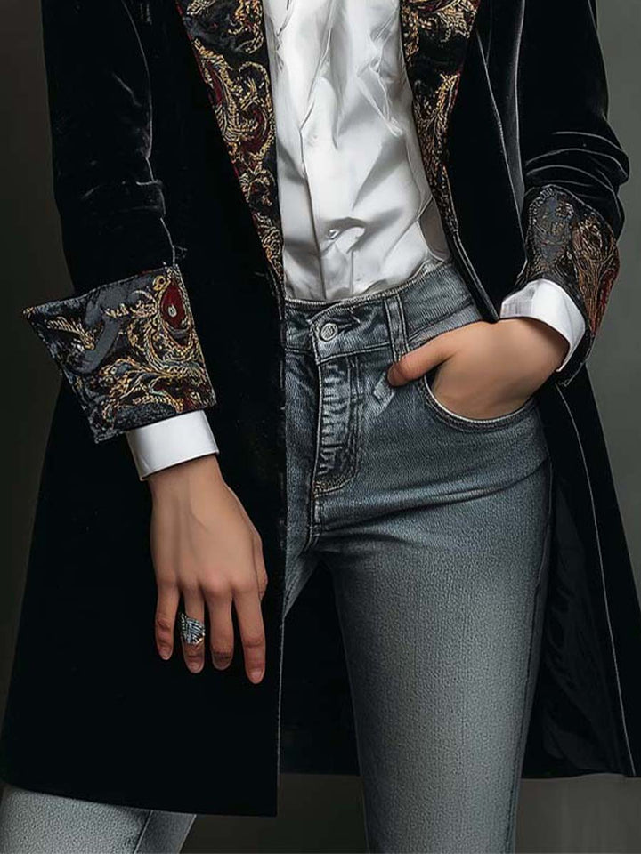 Eleanor | Black Baroque Print Lapel Slim Fit Blazer