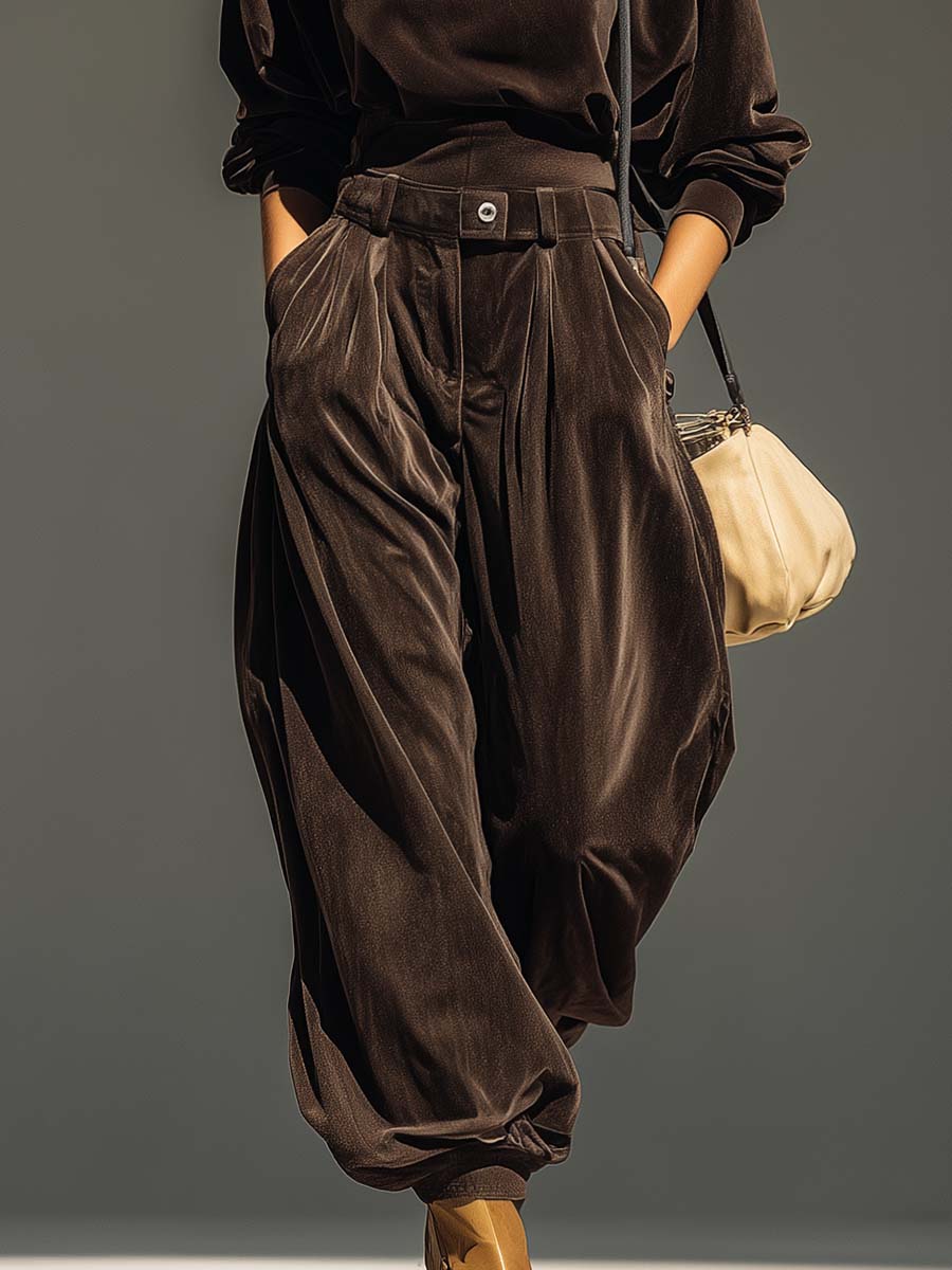 Vienna | Vintage brown velvet hoodie and loose pants set (Includes belt)