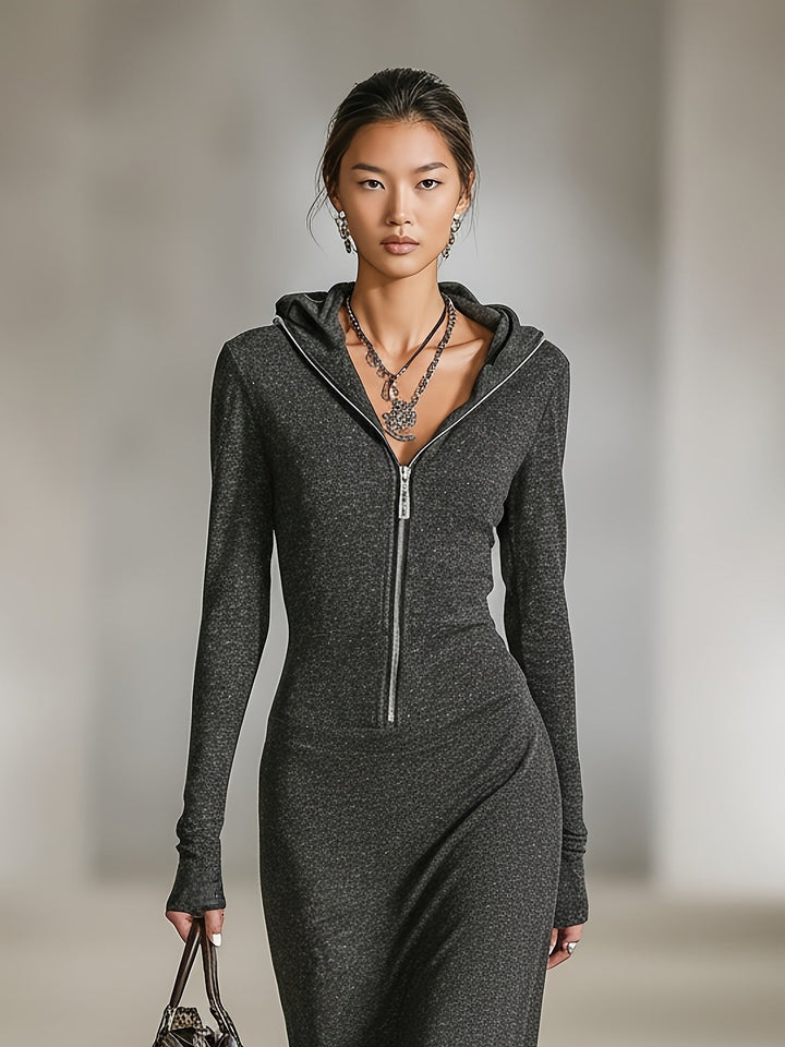 LIORRA | LONG-SLEEVED TUNIC DRESS WITH HOOD AND ZIPPER DETAIL
