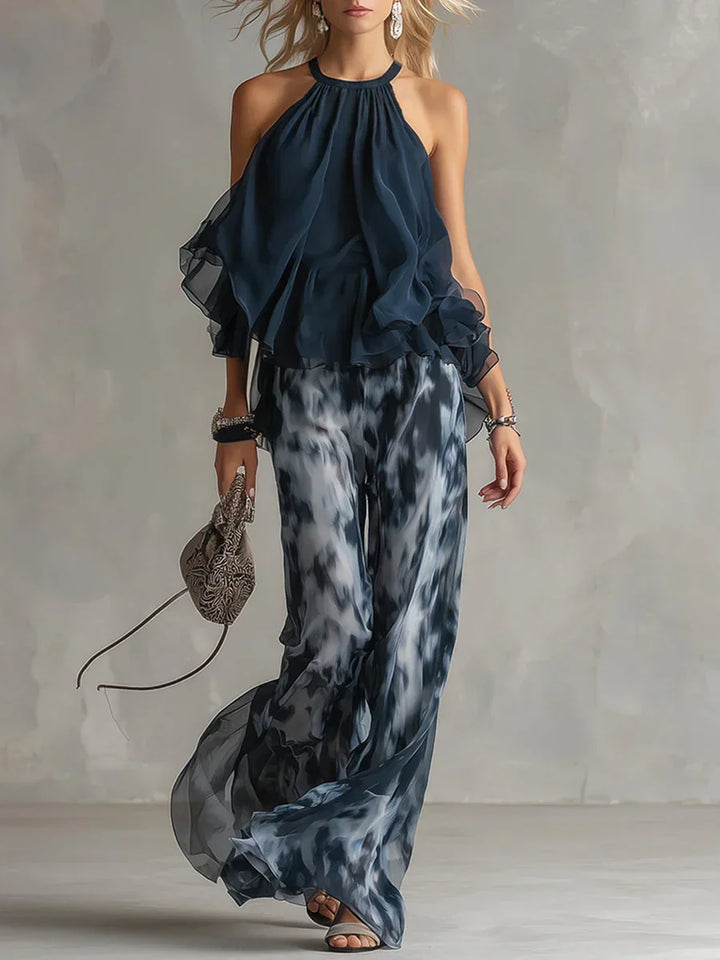 Ludovica | Elegant chiffon set with a high-neck top and wide printed pants