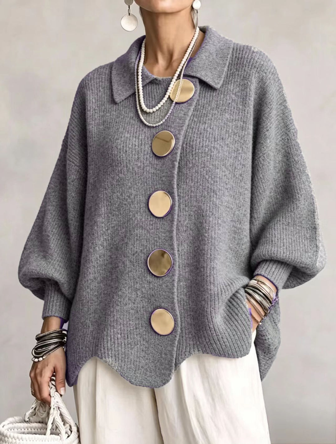 Ilona | Oversized Collared Cardigan With Large Metal Buttons
