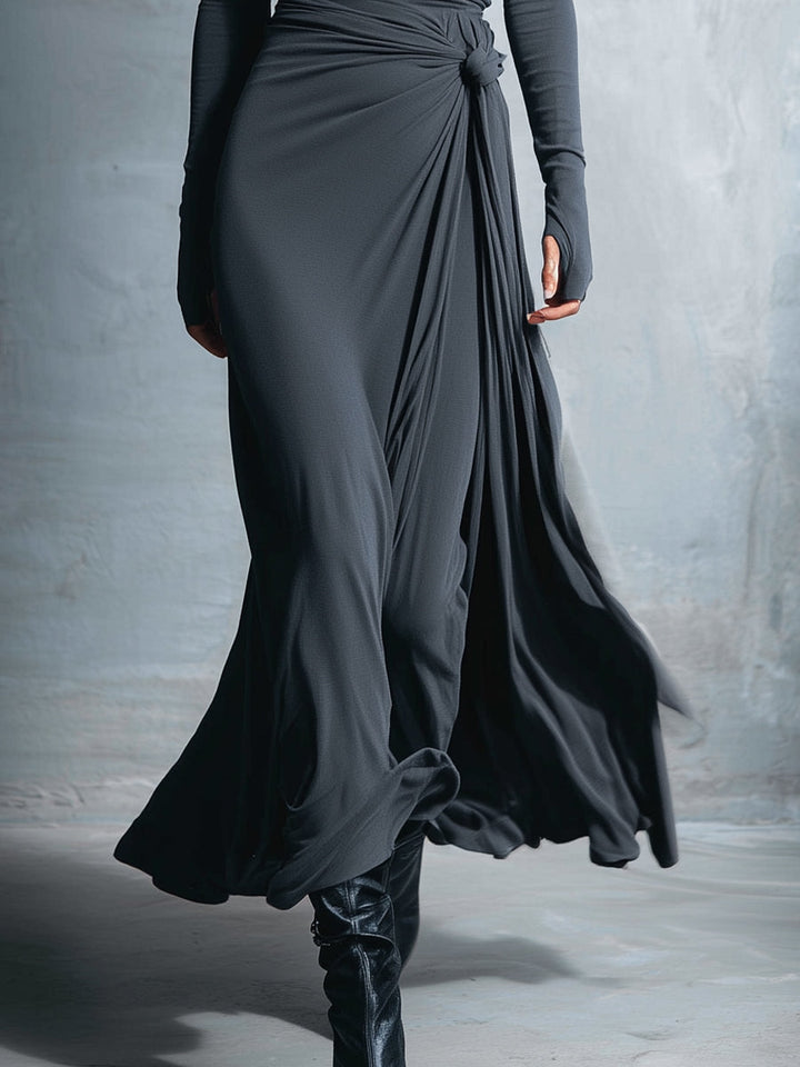 Mira | Gray Exquisite Stretch Blended Fabric Wrap Dress - Knotted Maxi Dress
