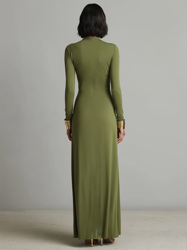 Solène | Olive Silk Maxi Dress, Deep V-Neck