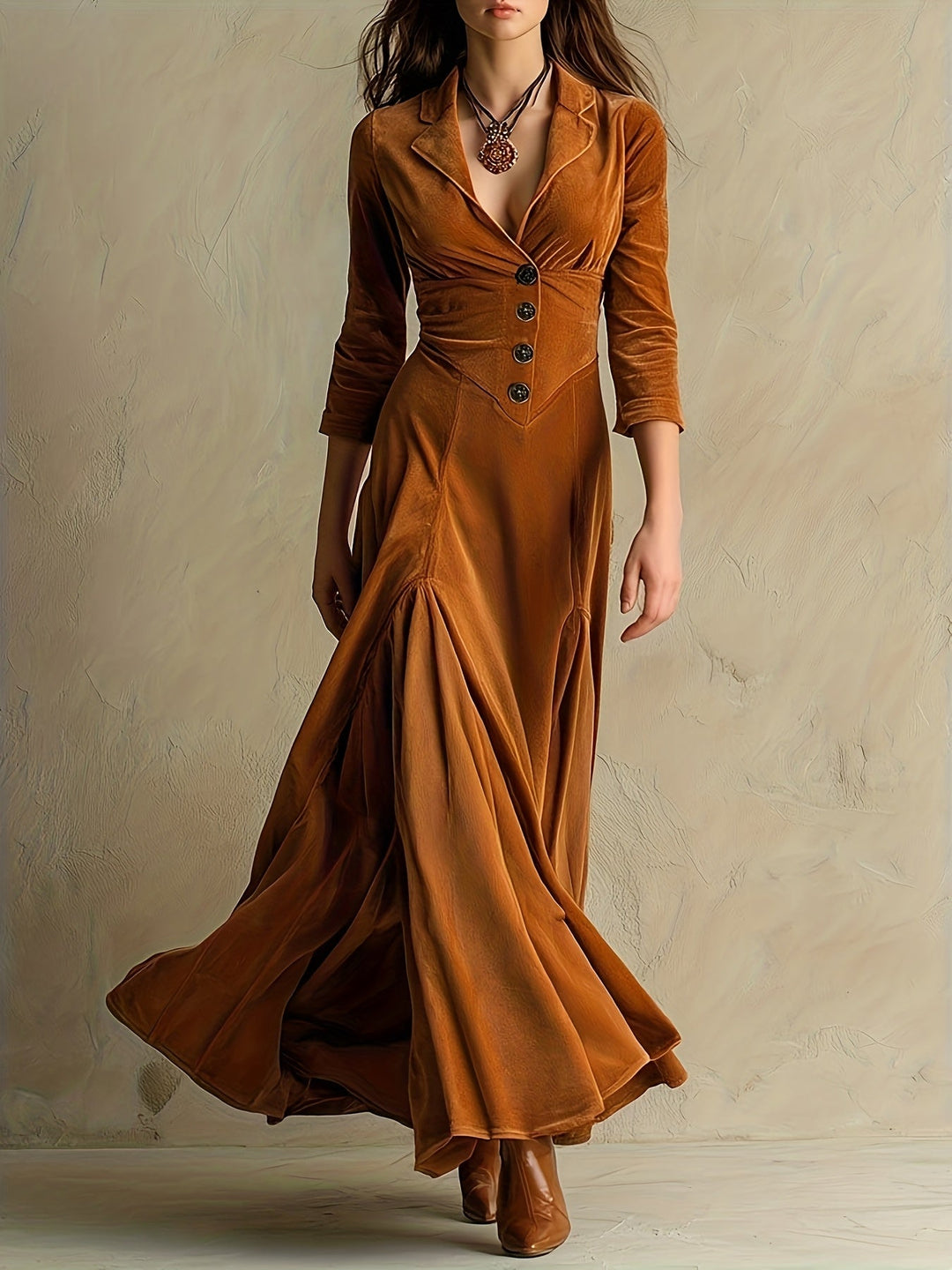 ELOWENNA | ELEGANT DRESS WITH BUTTON PLACKET, COLLAR, AND 7/8 SLEEVES