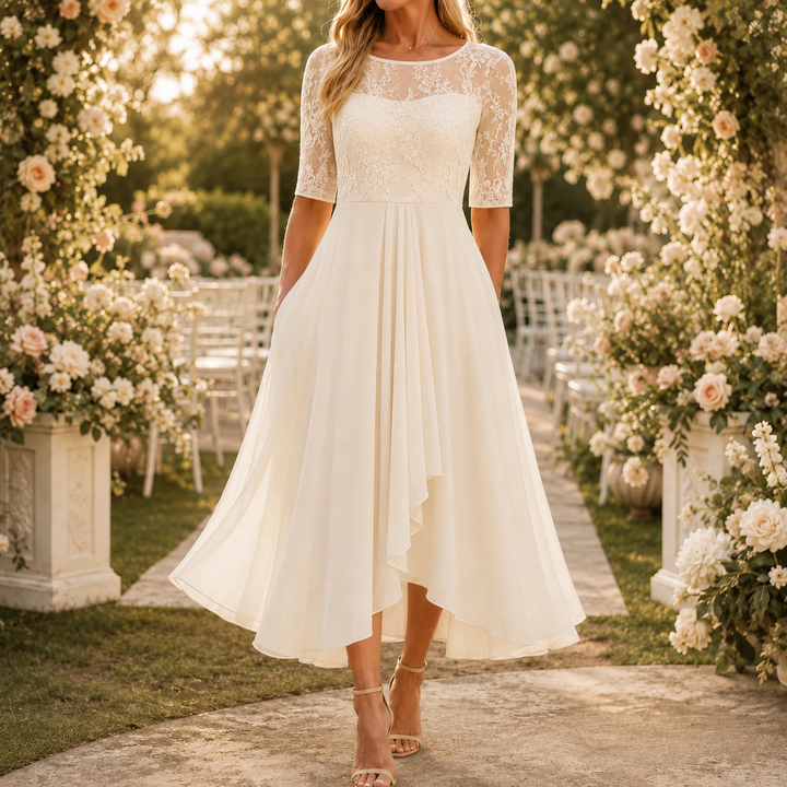 Elowen | Embroidered Lace Bodice Midi Dress for Weddings