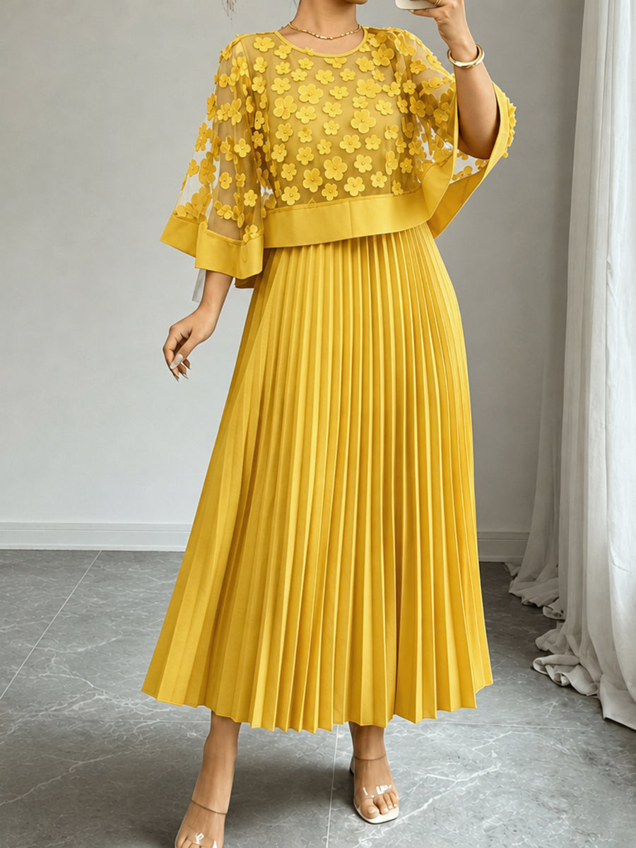Sheryl | Split-Joint Solid Color Pleated Plus Size Loose Round-neck Maxi Dresses