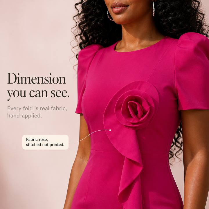 Rana | 3D Rose Puff Sleeve Pencil Dress