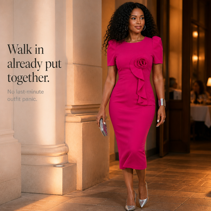 Rana | 3D Rose Puff Sleeve Pencil Dress