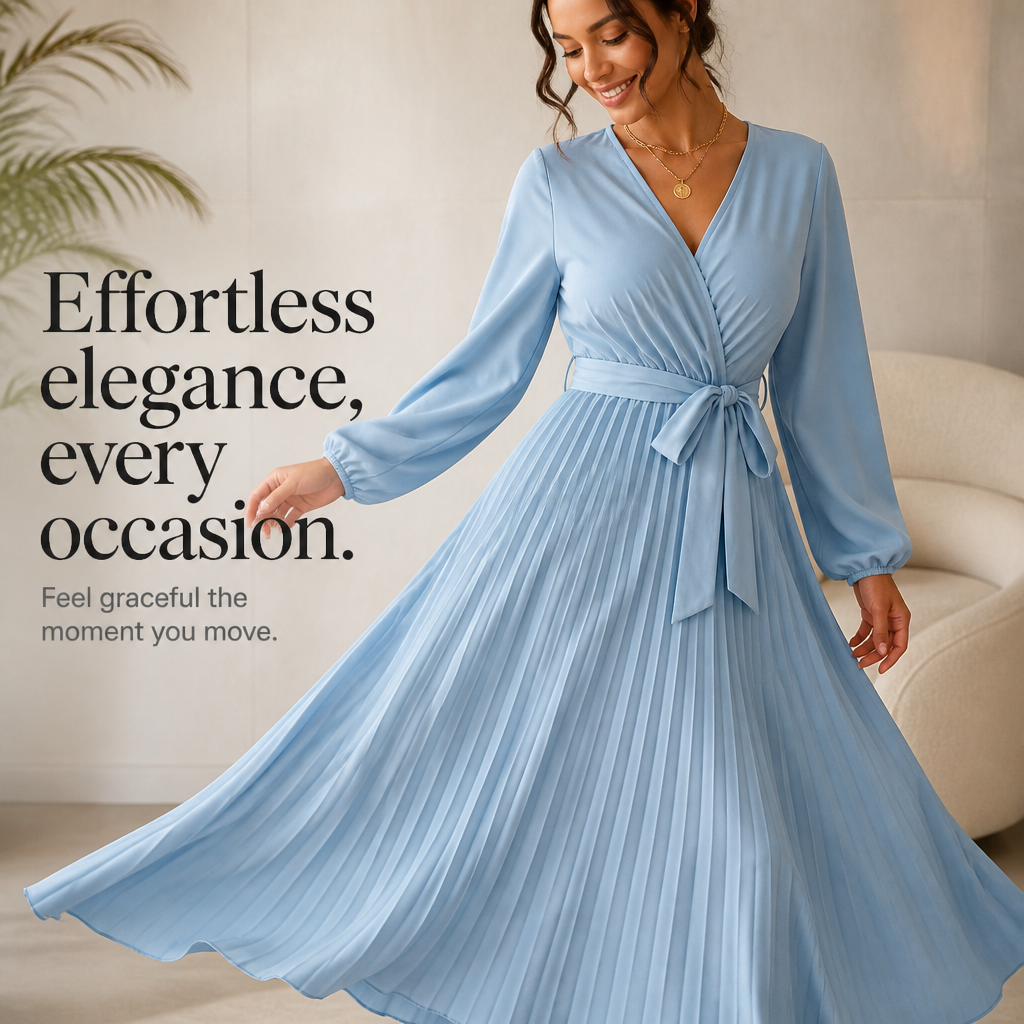 Luzy | Pleated Wrap-Neck High-Waisted Maxi Dress