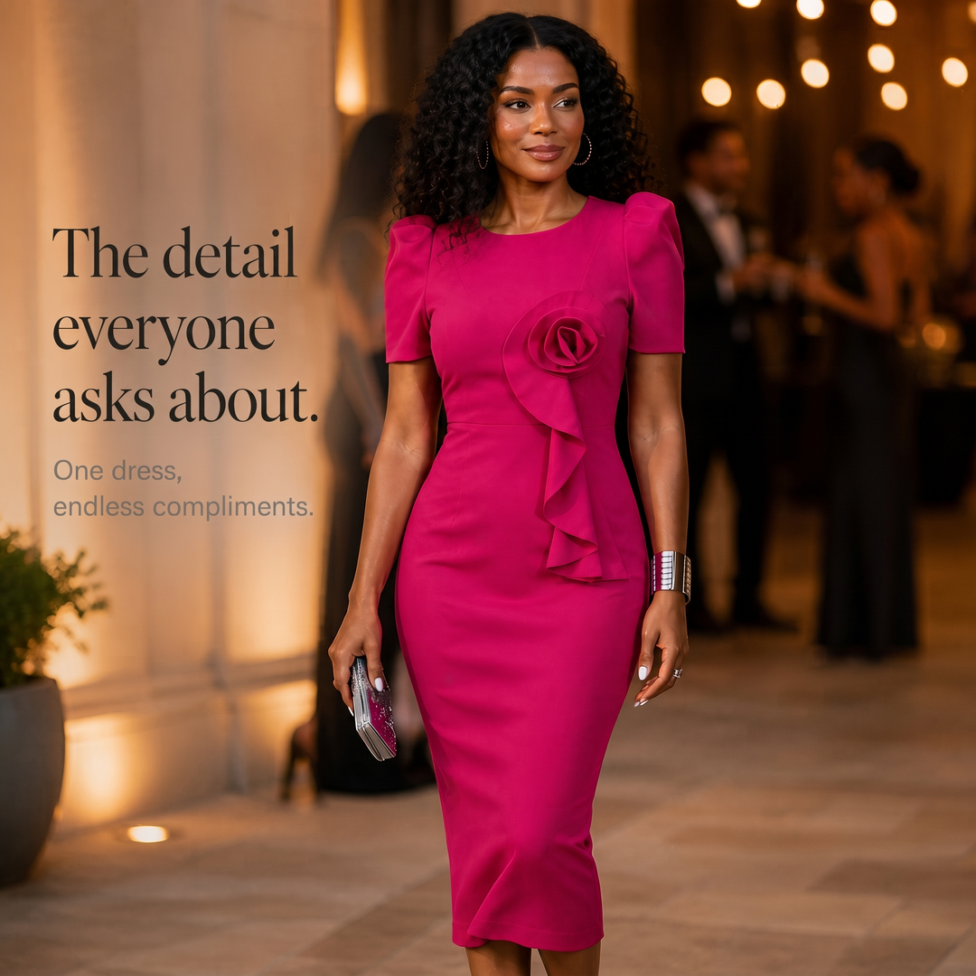 Rana | 3D Rose Puff Sleeve Pencil Dress