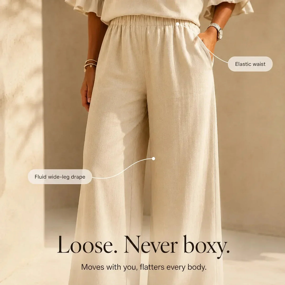 Louna | Ruffled Sleeve Linen Effect Set with Wide Leg Pants