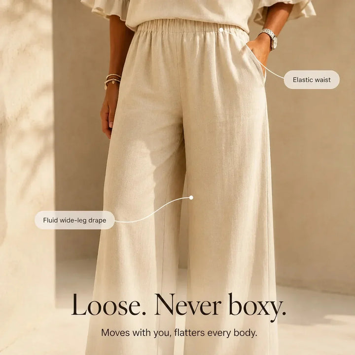 Louna | Ruffled Sleeve Linen Effect Set with Wide Leg Pants