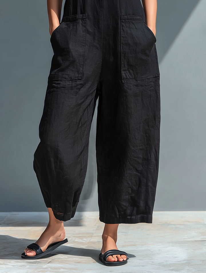 Sienna | Sleeveless jumpsuit with high collar, made of mixed linen and buttons