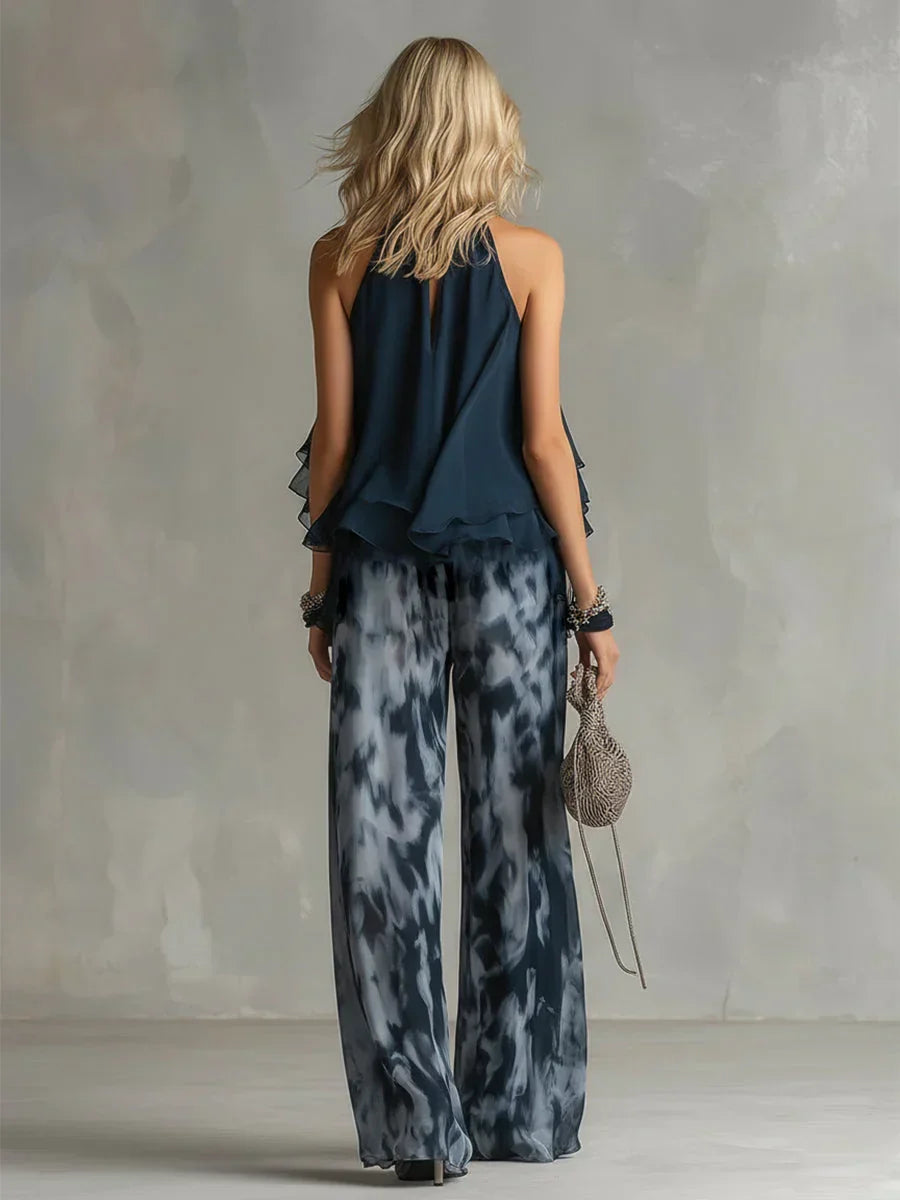 Ludovica | Elegant chiffon set with a high-neck top and wide printed pants