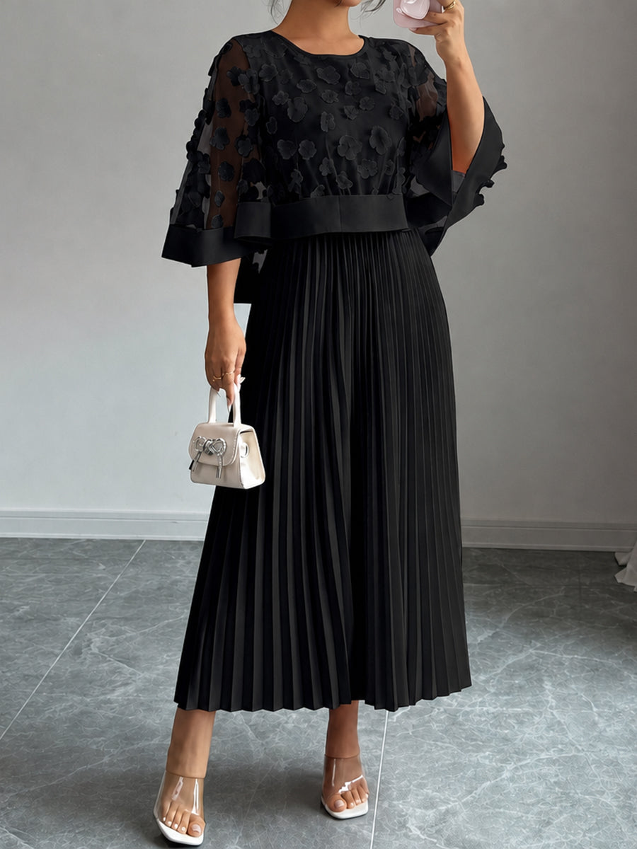 Sheryl | Split-Joint Solid Color Pleated Plus Size Loose Round-neck Maxi Dresses