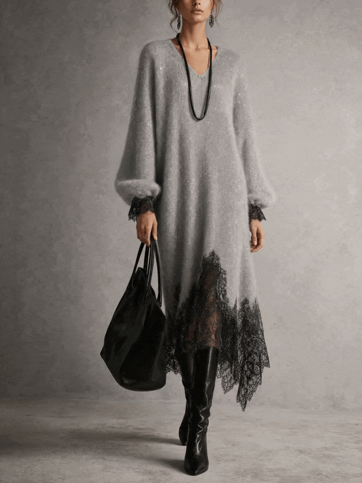 Giovanna | Shimmer Knit Lace Hem Midi Dress