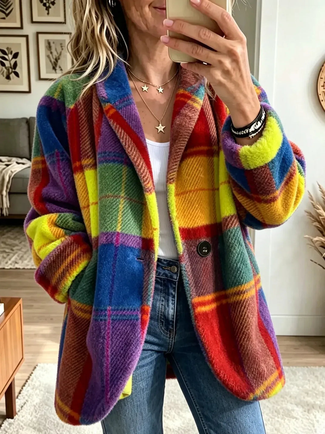Philippa | Vibrant Plaid Fuzzy Fleece Jacket