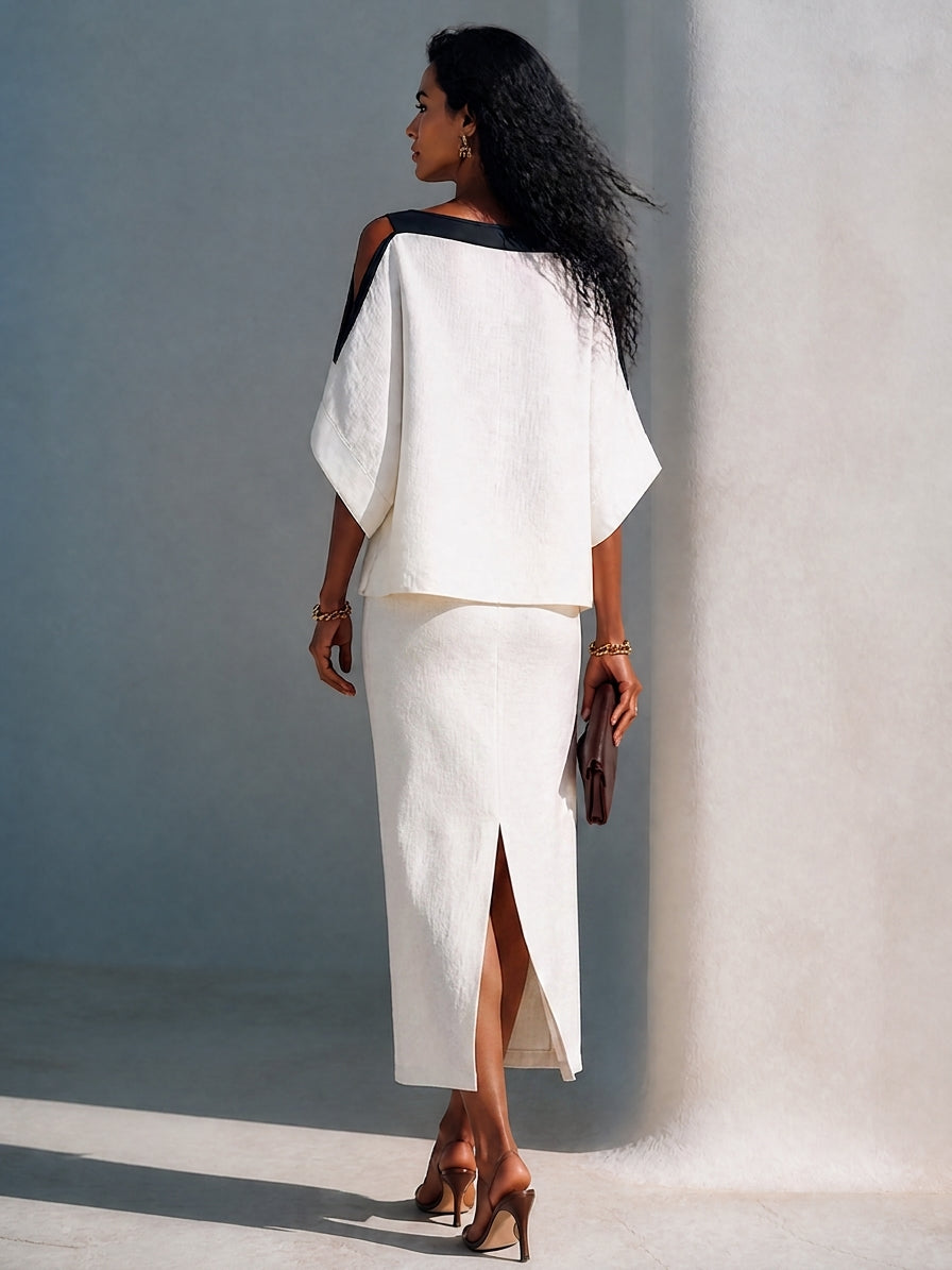 Nicoletta | Linen Blend Set with Contrasting Black Trim, White