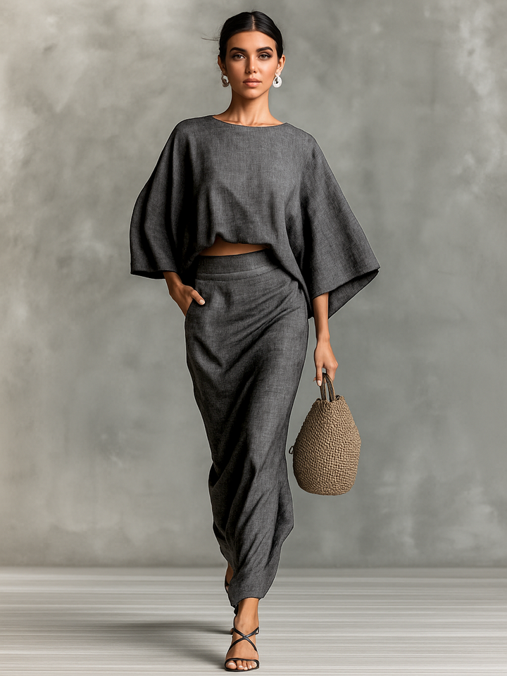 Hélène | Cotton-Linen Set, Batwing Sleeves, Long Skirt