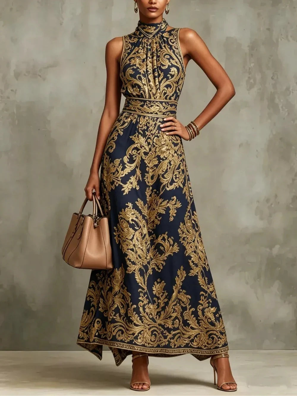 Gizelle | Gold Maxi Dress Baroque Print Halter Neck Sleeveless