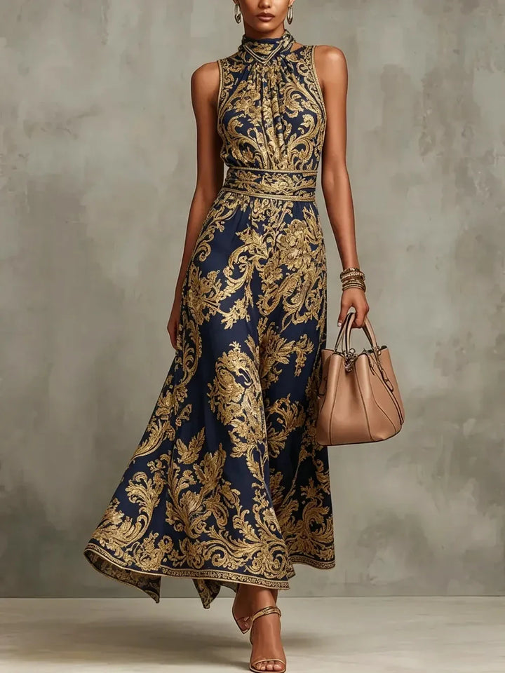 Gizelle | Gold Maxi Dress Baroque Print Halter Neck Sleeveless