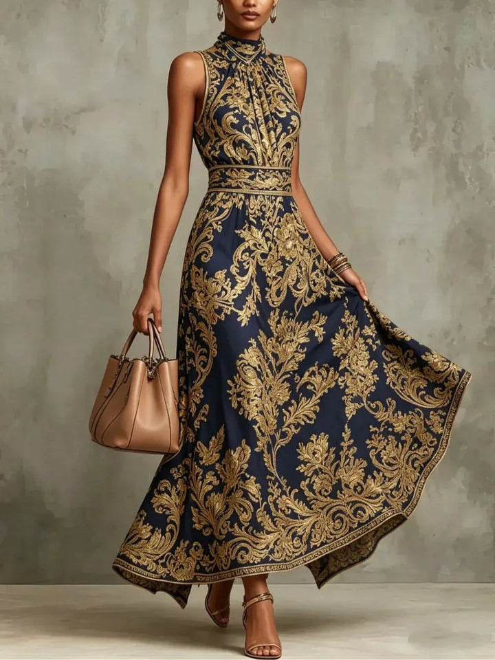 Gizelle | Gold Maxi Dress Baroque Print Halter Neck Sleeveless